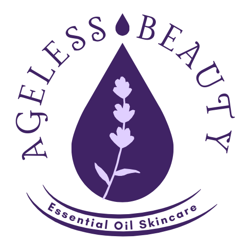 Ageless-Beauty Essential Oil Skincare logo with a lavender sprig inside a purple drop